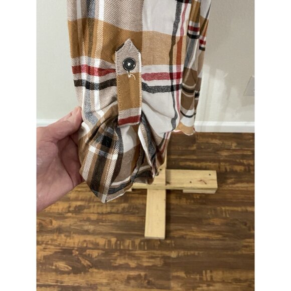 Maurices Womens 1X Open Blouse Plaid Fringe Roll Tab Sleeves - Picture 4 of 11